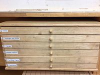 Front view of plywood geometry cabinet showing six labeled drawers