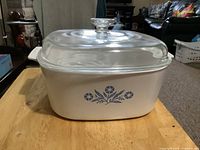 CorningWare casserole with lid front view showing Cornflower motif