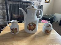 Front view of teapot, creamer and sugar bowl