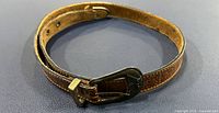 Full view of brown tooled leather belt coiled