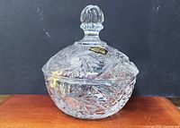 Front view of lidded crystal candy bowl