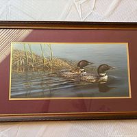 framed print close view showing loons, mat, frame