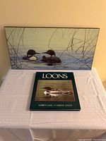 Book and framed print together on table for scale