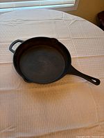 Top view of cast iron skillet showing cooking surface, handles and pour spouts