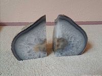 Front view showing polished faces and crystalline interior of both bookends