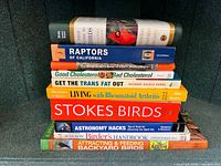 Stack of ten books showing titles and spines