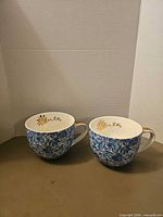 Pair of Lilly Pulitzer mugs front view showing pattern and handles