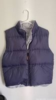 Front view of purple quilted puffer vest on hanger