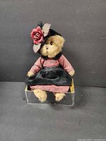 Full view of dressed teddy bear seated on clear stand