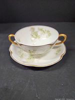 Cup on saucer showing pattern, handles, gold trim