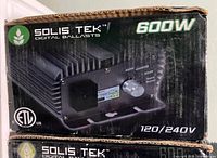 Front of Solis Tek digital ballast box showing brand, wattage and ballast image