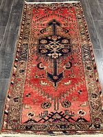 Full view of rectangular Hamadan rug on floor