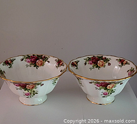 Two Royal Albert Old Country Roses footed bowls side by side