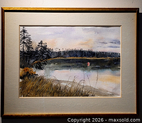 Full view of framed watercolor landscape