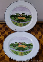 Front view of both dinner plates showing pattern and rim.