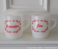 Front view of both Fire-King mugs showing Grandpa and Jan graphics
