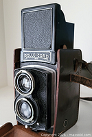 Front view of Rolleicord camera in leather case