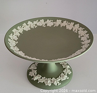 Full view of green jasperware pedestal comport