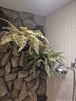 Both hanging ferns displayed side by side over stone wall and shower fixture