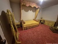 Full room view showing daybed, nightstand, dresser/desk, chair and cheval mirror