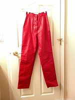 Red leather pants front view hanging