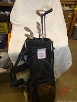 Full view of black stand bag with clubs inside