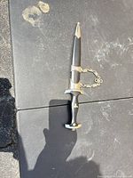 Full view of dagger in scabbard with chain attached