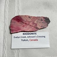 Front view of rhodonite slab with locality label visible