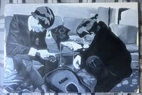 Full view of monochrome watercolor painting depicting John Lennon and Paul McCartney seated backstage