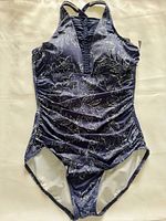 Front view of navy floral one-piece swimsuit showing overall design