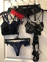 All five undergarments on hangers showing styles and colours