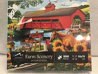 Front of sealed Farm Scenery 1000-piece jigsaw puzzle box showing image, piece count, dimensions
