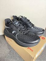 Full view of both black running shoes on box