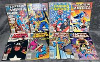 All eight Captain America comics laid out two rows