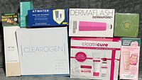 All eight boxed skincare and beauty items displayed together