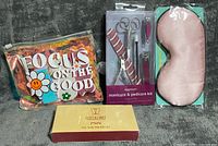 All items: cosmetic pouch, manicure kit, sleep mask, gel nail polish set