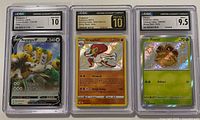 Front view of three CGC-graded Pokémon cards showing titles and grades