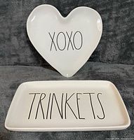 Front view showing heart dish with XOXO and rectangular tray with TRINKETS text