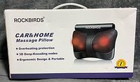 Front of Rockbirds Car & Home Massage Pillow box showing product image and features