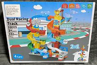 Front of box showing Dual Racing Track set, model 16009, 152 pcs, age 3+, four cars