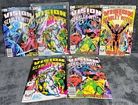Group shot of six Vision and the Scarlet Witch issues (#1, two #2, two #3, #4) laid out showing covers and general condition