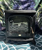 Front view of Dimplex electric stove showing glass door and handle