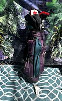Full view of purple/teal cart bag with clubs, headcovers and glove