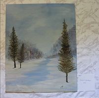 Winter landscape painting showing canvas board and signature