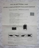 Front of printed instruction sheet detailing The Go-Anywhere Cart features, dimensions and illustrations