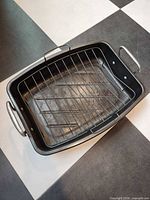 Angle view of roasting pan with rack inserted