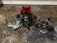 Router motor in plunge base, fixed base, edge guide