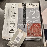 Folded gray Paris motif towel showing Eiffel Tower graphics and tag