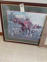 Framed fox-hunting print with riders, hounds, wood frame, glass front