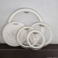 Five clear Pacific drum heads leaning against wall, logos visible
